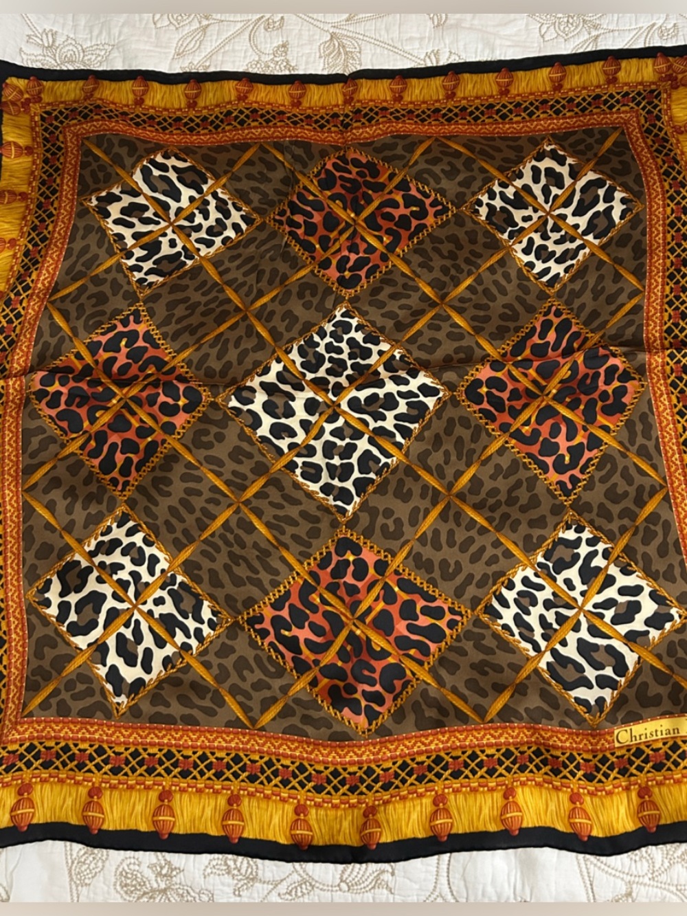Dior Silk Scarf in Brown, Gold and Black Leopard Patchwork - Picture 2 of 6